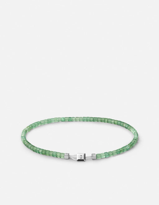 Miansai Coda bracelet with cube-cut translucent mint green aventurine beads and polished sterling silver box clasp laid flat