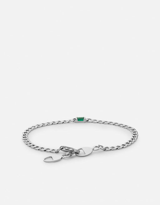 Miansai Lyra bracelet in sterling silver with a rectangular green agate centerpiece and Cuban curb chain, laid flat
