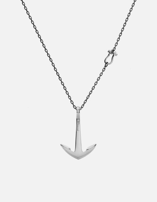 Miansai sterling silver anchor pendant necklace with an oxidized chain, polished anchor pendant, and nautical shackle detail