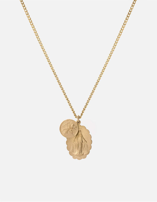 Miansai Mini Saints pendant necklace in matte 14k gold with a scalloped Marian medallion and Saint Christopher coin on a fine chain