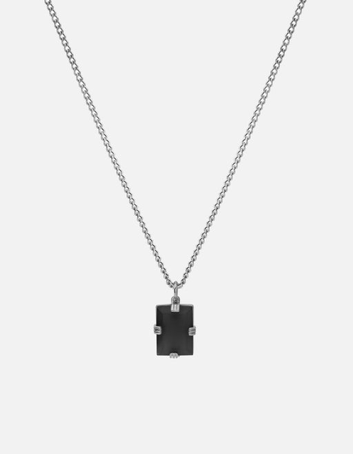 Miansai Lennox pendant necklace in sterling silver with a rectangular black onyx stone held by slim edge prongs on a fine chain