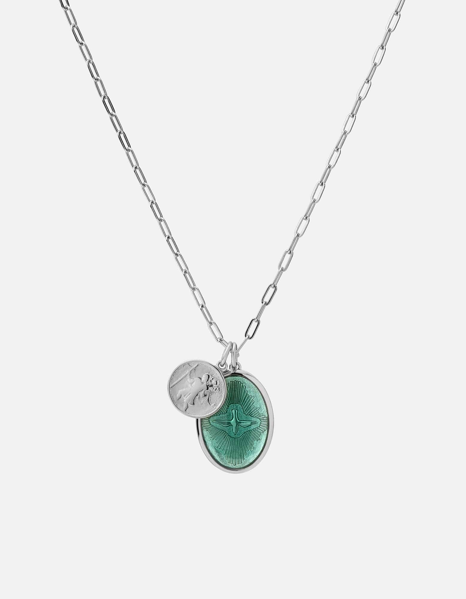 Mini Dove Pendant w/Cable Chain Necklace w/ Teal Enamel, Sterling 