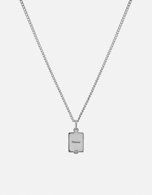 Miansai Paolo necklace in sterling silver with a rectangular engraved pendant on a fine chain, shown from the reverse