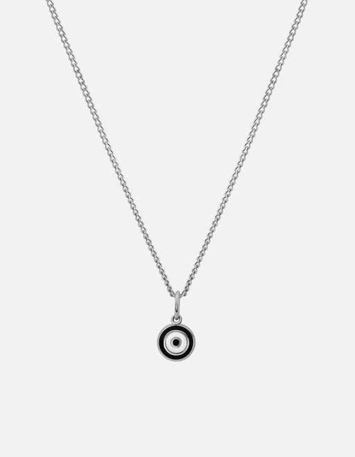 Miansai Ojos evil eye pendant necklace in sterling silver with a linen beige enamel circular pendant on a fine chain