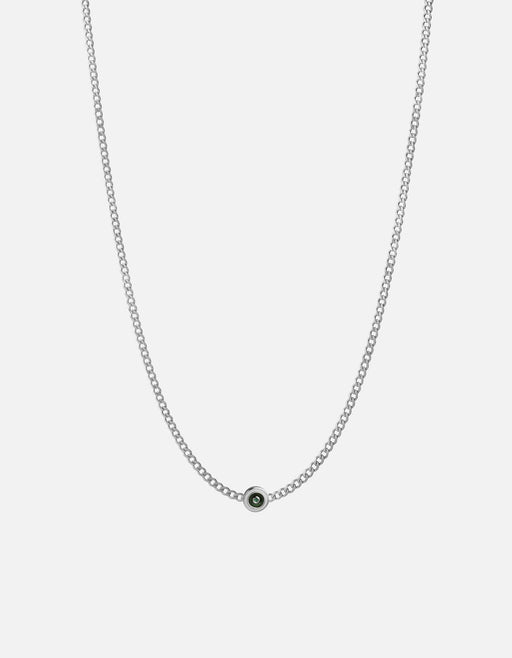 Miansai Opus necklace in sterling silver with a round bezel-set green chalcedony centered on a fine curb chain