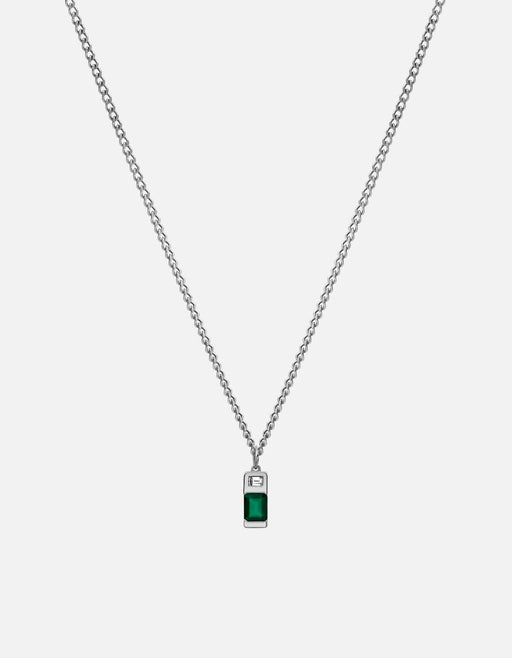 Miansai Everett pendant necklace in sterling silver with an emerald-cut green agate below a baguette white sapphire on a slim chain