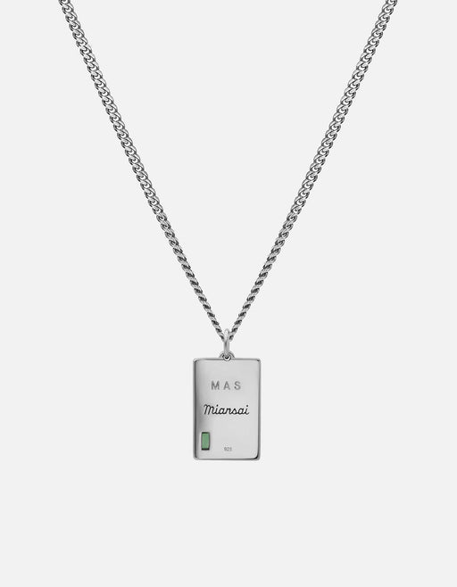 Miansai Luma pendant necklace in polished sterling silver with an engraved rectangular tag and green agate accent on a fine chain
