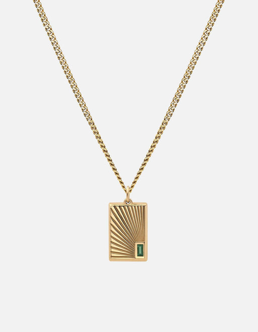 Miansai gold vermeil pendant necklace with a rectangular sun ray tag, bezel-set green agate baguette and fine chain