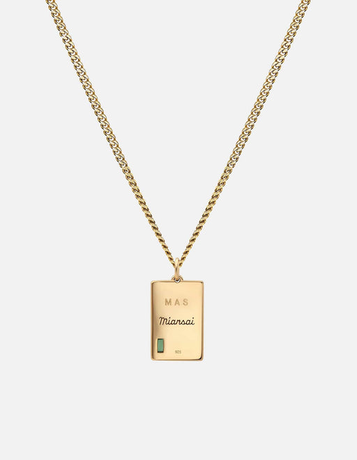 Miansai Luma pendant necklace in gold vermeil with a rectangular engraved tag, green agate accent and fine chain
