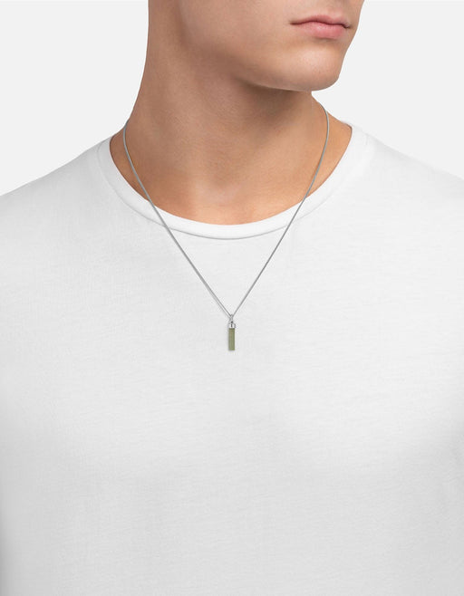 Miansai Remi pendant necklace in sterling silver with a green aventurine drop and faceted silver cap worn at the neck