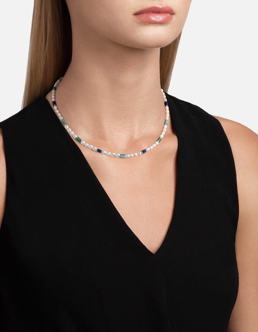 Miansai Ravi pearl choker in sterling silver with freshwater pearls and turquoise and lapis lazuli accents worn at the neck