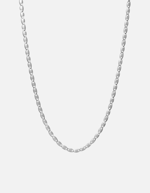 Miansai Vesper chain necklace in polished sterling silver with flat mariner links arranged in a U-shaped drape