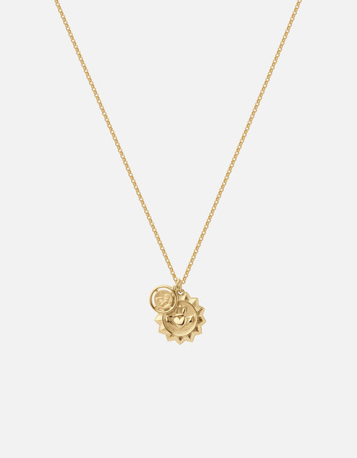 Miansai Claddagh pendant necklace in polished gold vermeil with a crowned heart and clasping hands set inside a sun