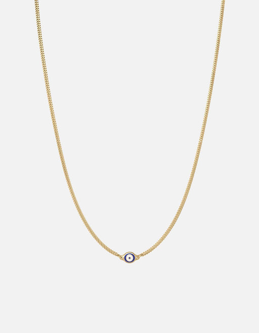 Miansai gold vermeil Cuban curb chain necklace with a blue and white enamel evil eye pendant laid flat
