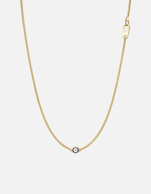 Miansai gold vermeil Cuban chain necklace with a small blue and white enamel evil eye pendant laid in a gentle U shape with clasp visible