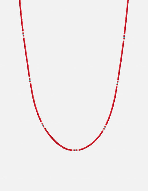 Miansai Avi bead necklace in sterling silver with deep red tube beads and repeating sky blue and white accent stripes laid flat