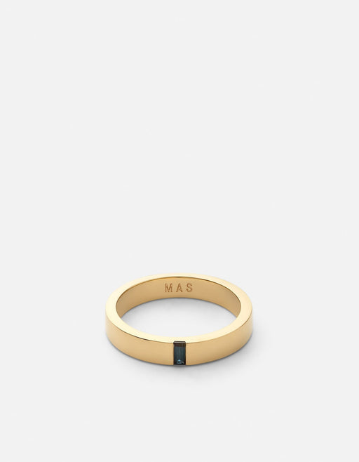 Miansai gold vermeil band ring with an upright blue sapphire baguette and MAS engraving inside