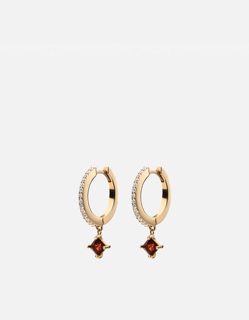 Miansai Uma huggie earrings in 14k yellow gold with pavé diamonds and deep red garnet drop stones
