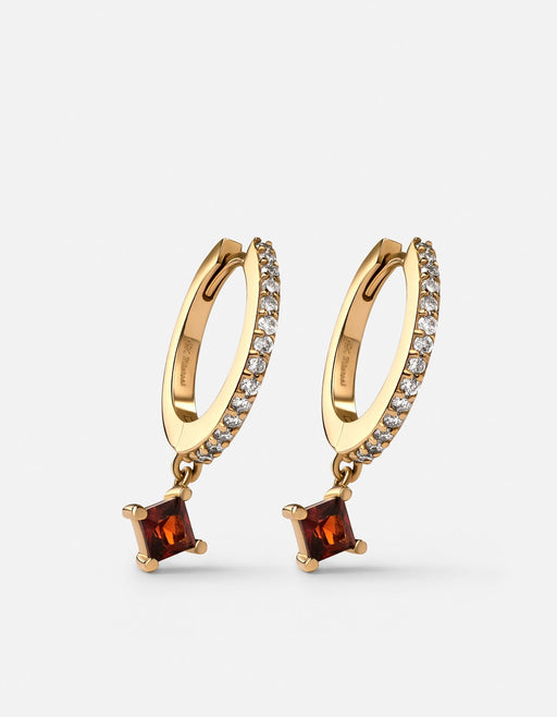 Miansai Uma huggie earrings in 14k yellow gold with pave diamonds and square garnet drop stones