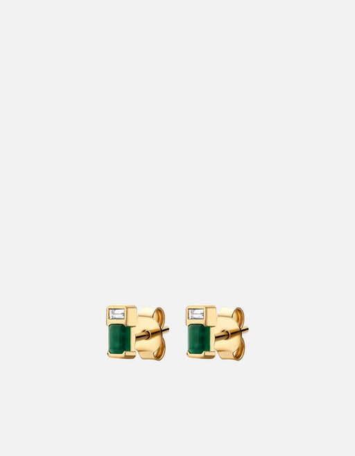 Miansai Everett stud earrings in gold vermeil with rectangular green agate and baguette sapphire stones