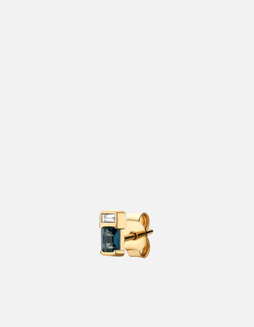 Miansai Everett stud earring in gold vermeil with a baguette sapphire above rectangular London blue topaz and butterfly back