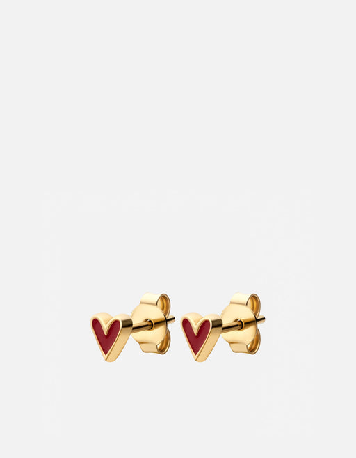 Miansai Lovelle heart stud earrings in gold vermeil with red enamel centers and polished gold borders on a white background