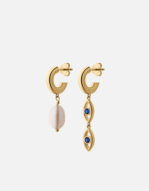 Miansai mismatched gold vermeil hoop earrings with a freshwater pearl drop and two blue spinel evil eye charms