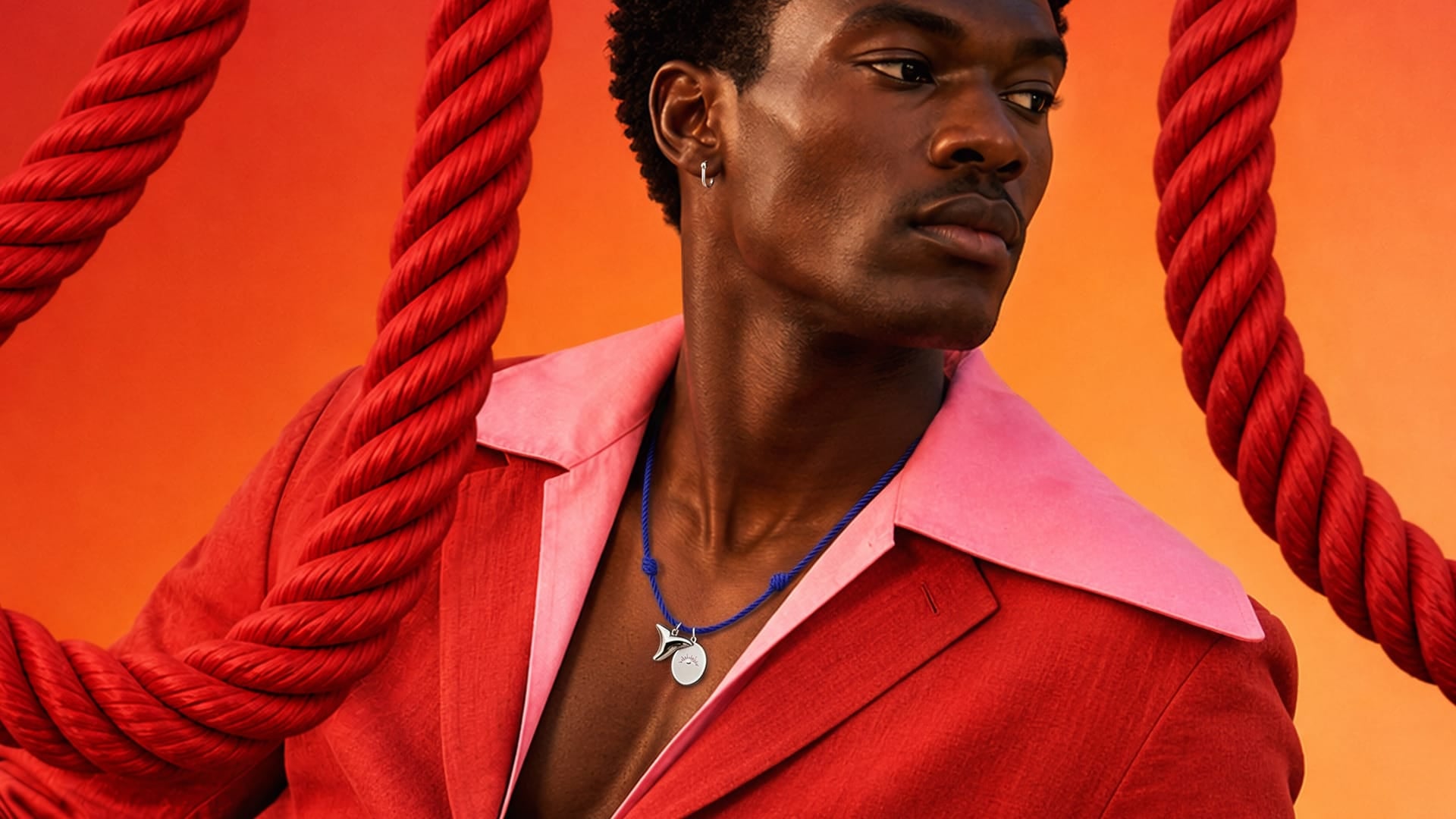Man wearing a red jacket with pink collar against an orange background