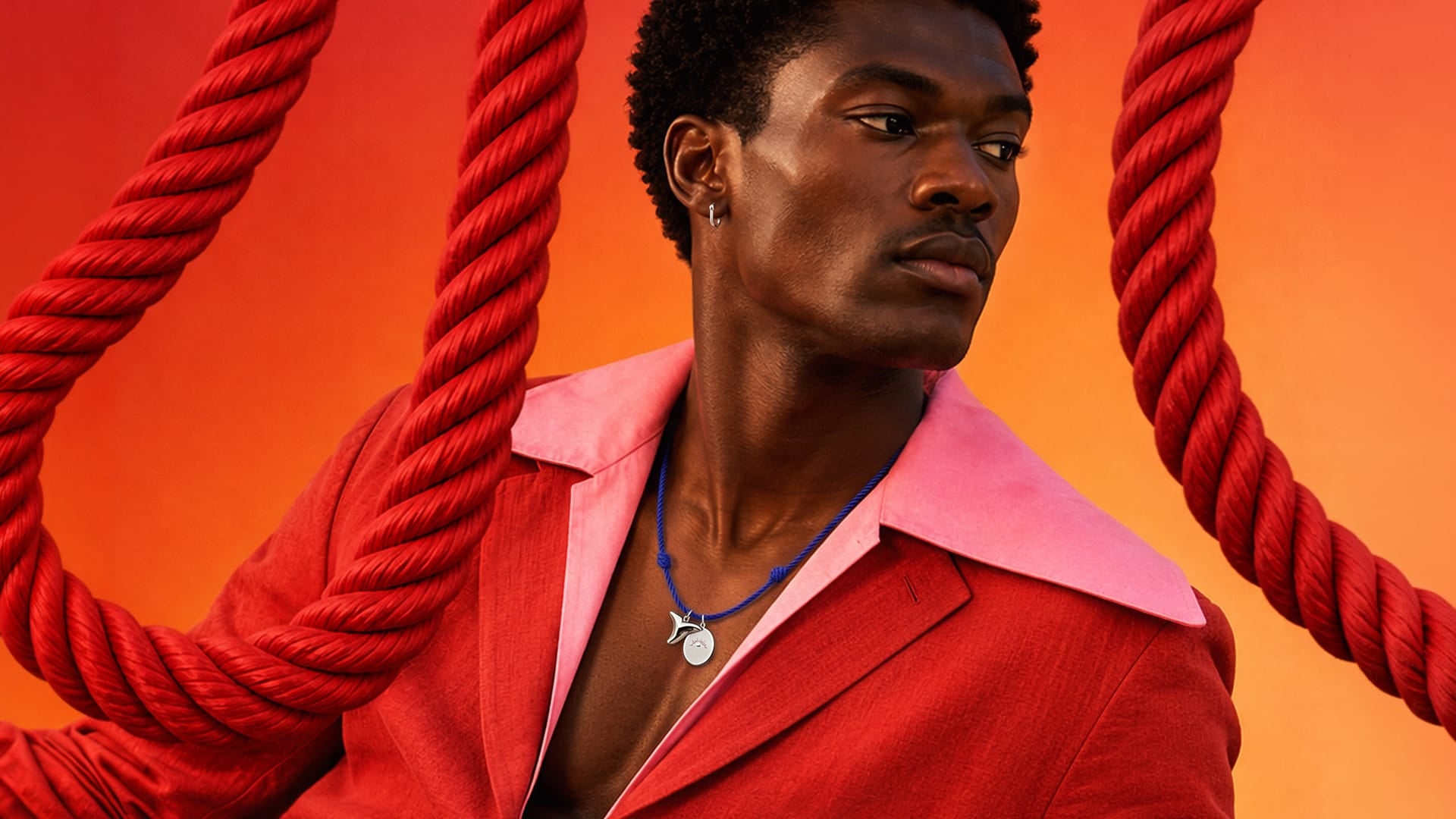Man in a red jacket with pink shirt collar against a red and orange background