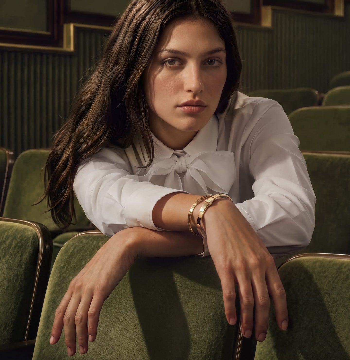 Miansai gold tone cuffs stacked on a wrist against green upholstered theater seats