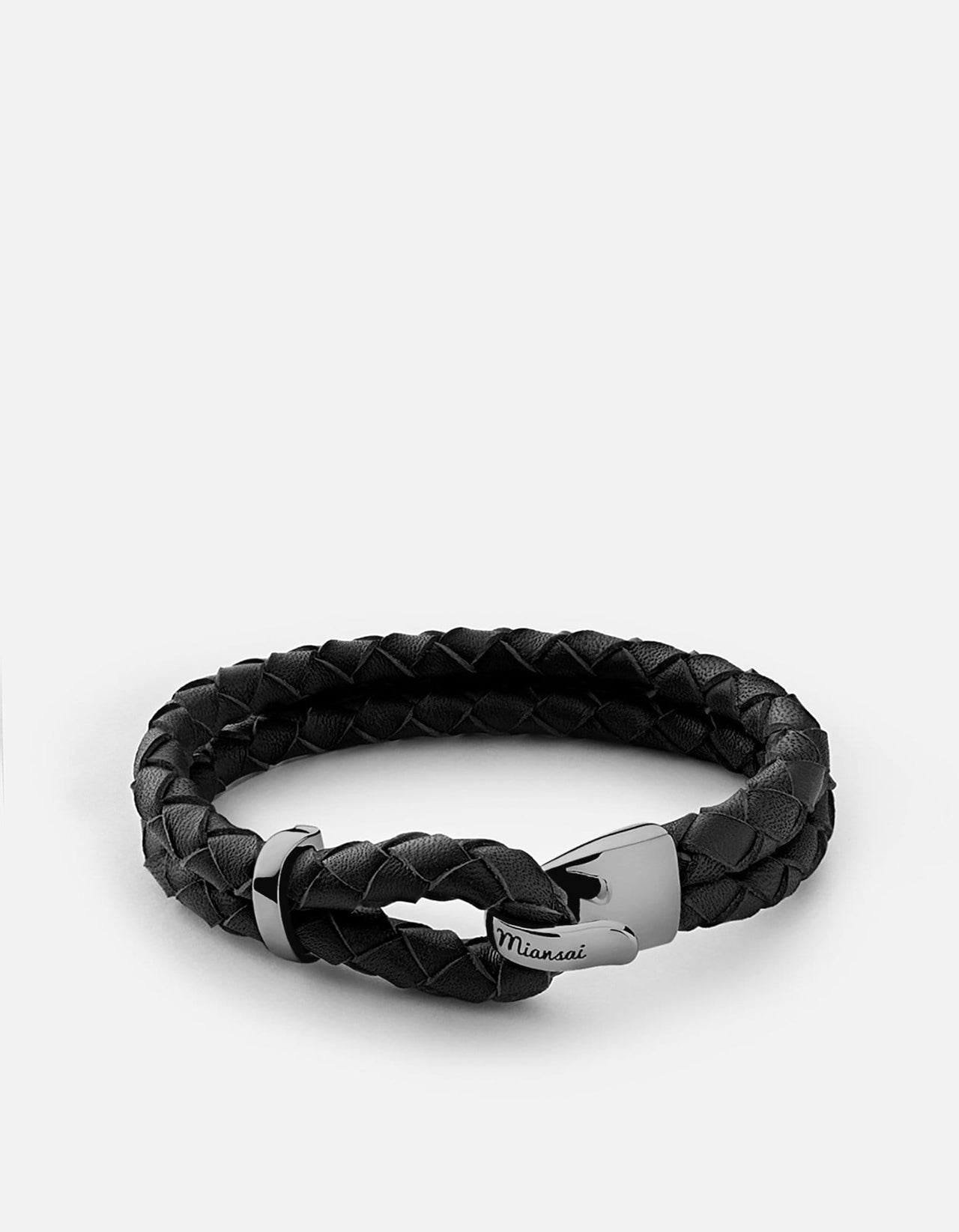 Men's Stainless Steel Black Leather Bracelet Hand-Braided - SSLB113