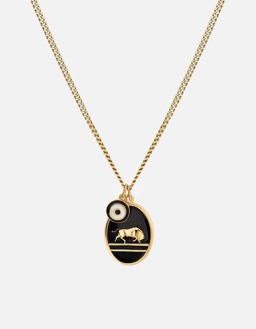 Miansai Oxen pendant necklace in gold vermeil with a black enamel oval medallion, profile ox motif and evil eye charm