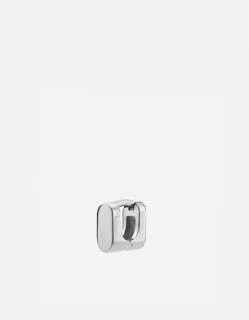 Miansai Tyson huggie earring in polished sterling silver with a thick rounded rectangular form and visible hinged closure