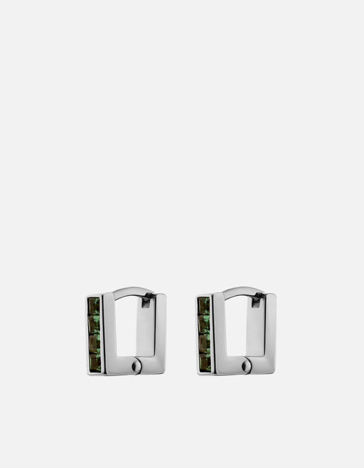 Miansai Quad Quartz huggie earrings in polished sterling silver with four green quartz stones along each angular hoop
