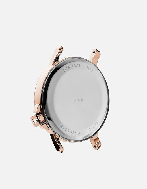 Miansai M12 Swiss watch with rose tone stainless steel caseback engraved with Swiss Made and 3 ATM markings