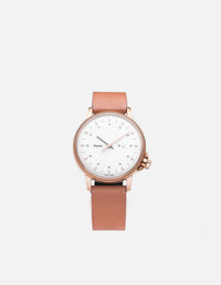Miansai M12 Swiss watch with rose tone stainless steel case white dial and salmon leather strap shown face up