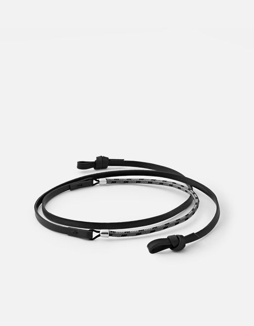 Miansai Nexus sunglass cord in black Italian leather and nylon rope with sterling silver finishes and adjustable loop ends